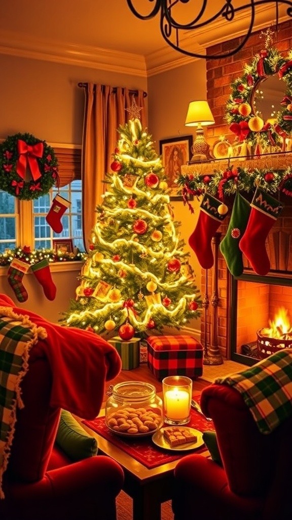 A decorated Christmas tree in a cozy living room with a fireplace and holiday decorations.